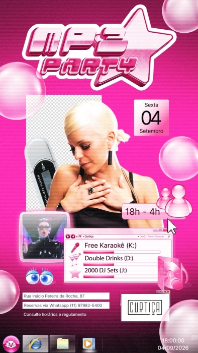 Evento: MP3 PARTY • 18h às 4h • Lista VIP até 20h