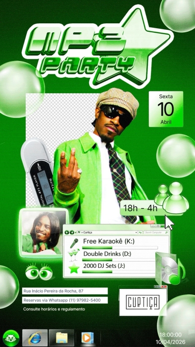 Evento: MP3 PARTY • 18h às 4h • Lista VIP até 20h