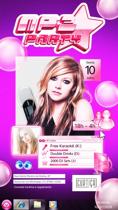 Evento: MP3 PARTY • 18h às 4h • Lista VIP até 20h