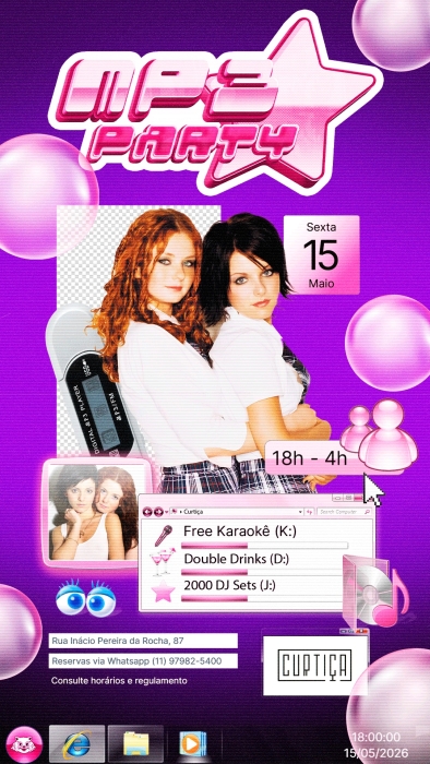 Evento: MP3 PARTY • 18h às 4h • Lista VIP até 20h