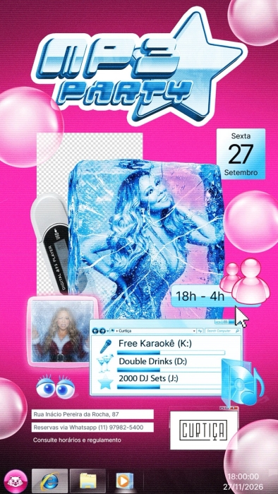 Evento: MP3 PARTY • 18h às 4h • Lista VIP até 20h